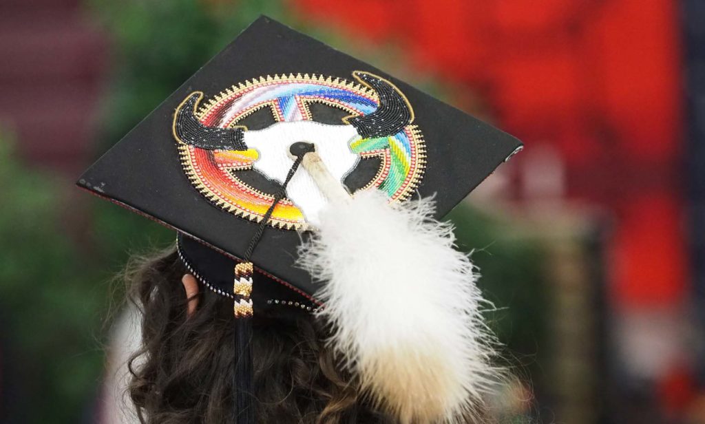 Graduation cap with feather and cow skull design